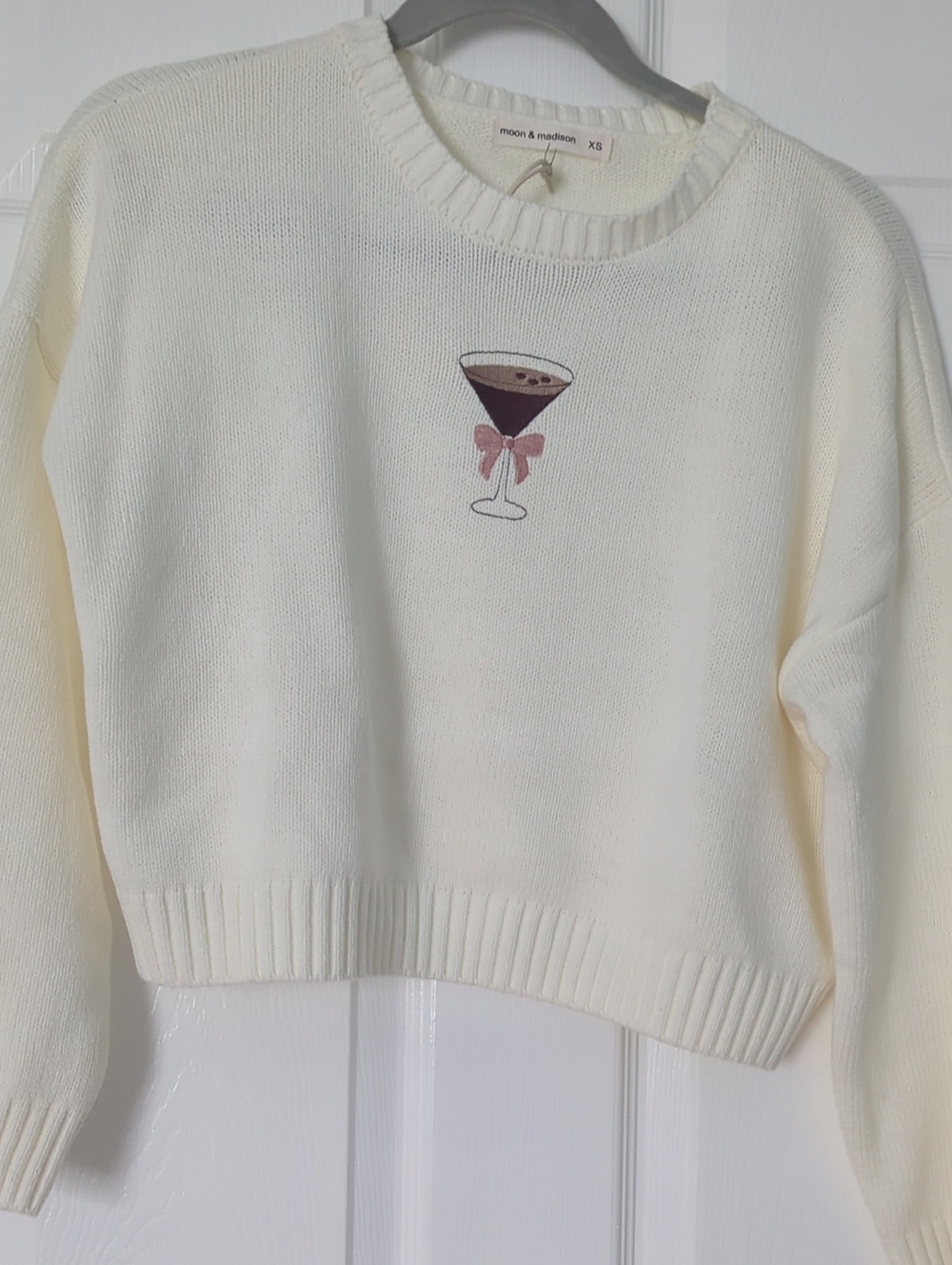 moon & madison Cream Crewneck Sweater with Embroidered Cocktail Motif